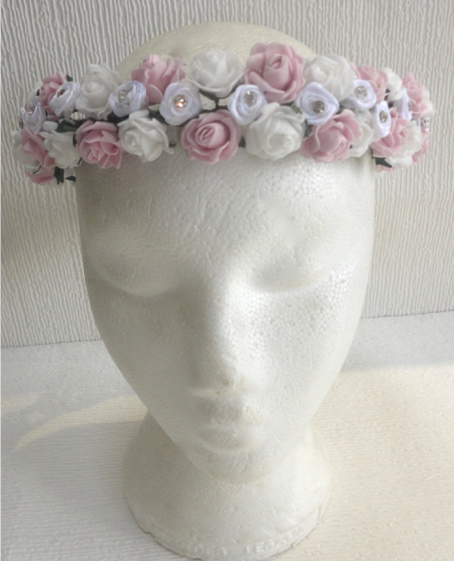 Vintage Pink & White Rose & Diamante Circlet